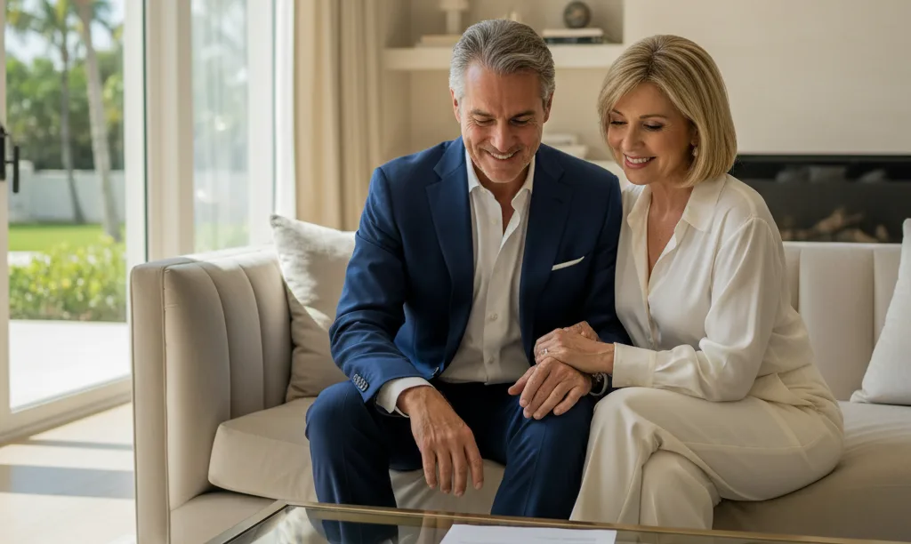 Couple reviewing iQRATE Mortgages document in Florida home.