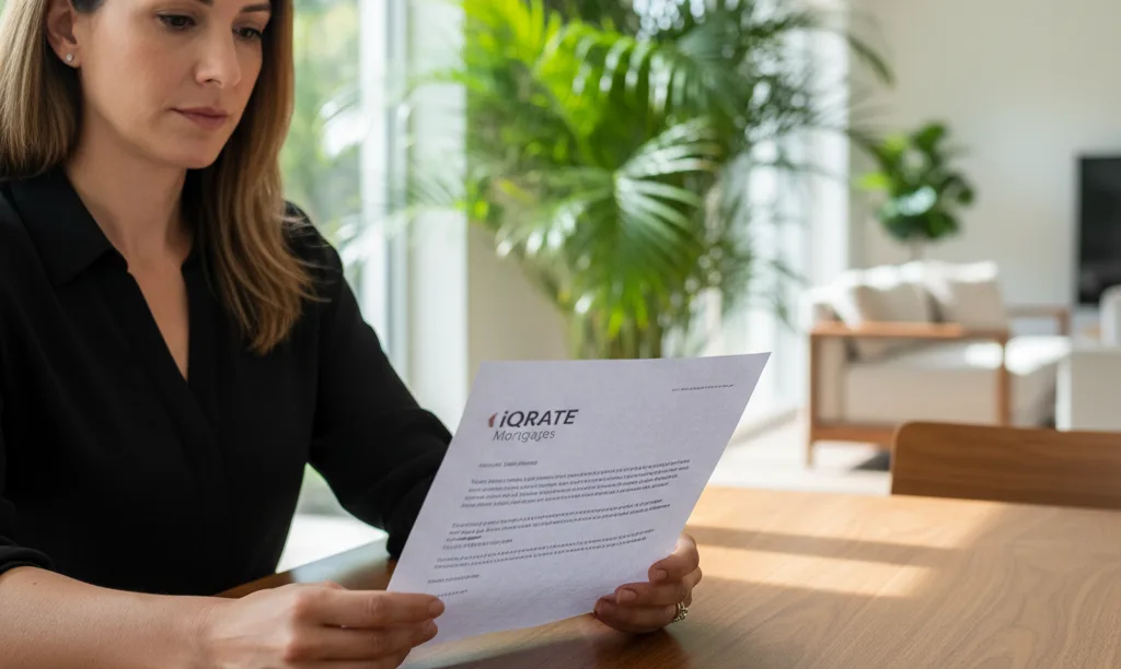 Woman reviewing iQRATE Mortgages documents in Florida home.