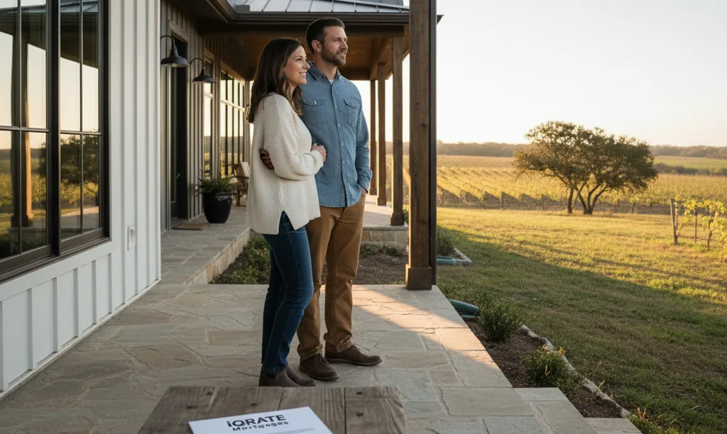 Couple on Texas farmhouse porch with iQRATE Mortgages document.