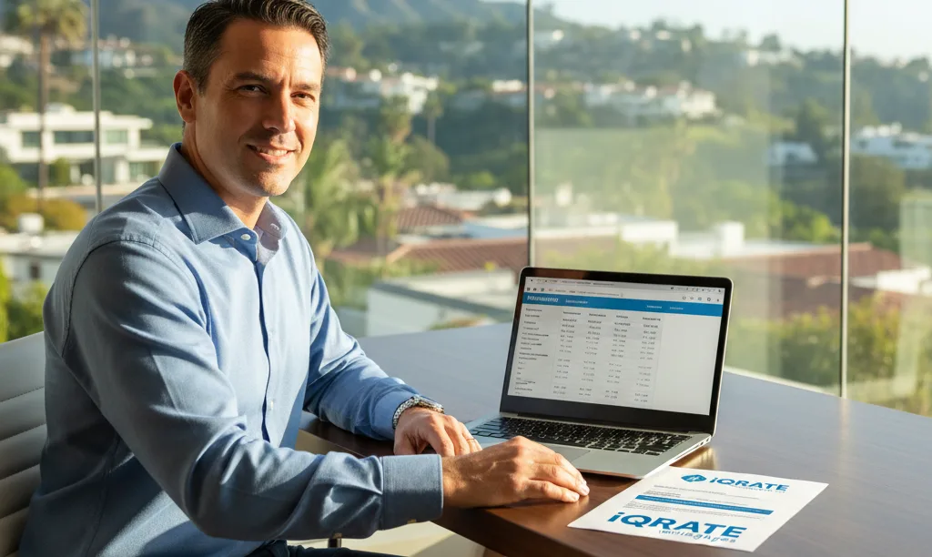 Business owner reviewing iQRATE Mortgages documents at home.