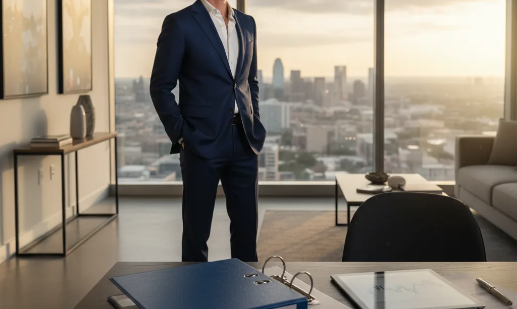 Investor overlooking Dallas skyline with iQRATE Mortgages portfolio.