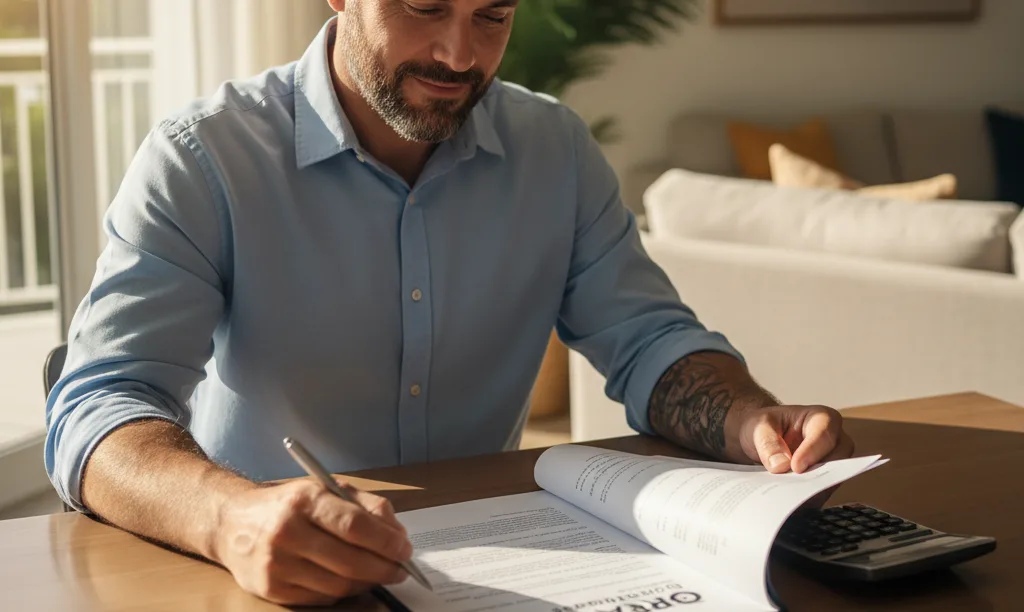 Veteran reviewing iQRATE Mortgages document in Florida home.