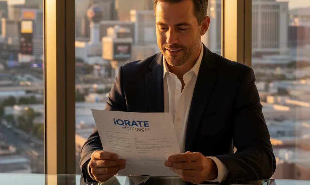 Investor reviews iQRATE Mortgages docs in Vegas condo.