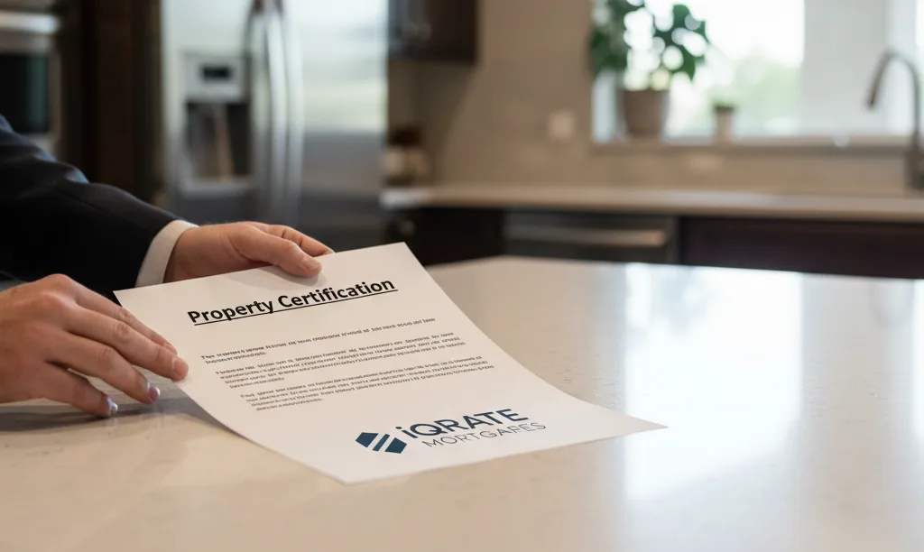 Property Certification document from iQRATE Mortgages on counter.