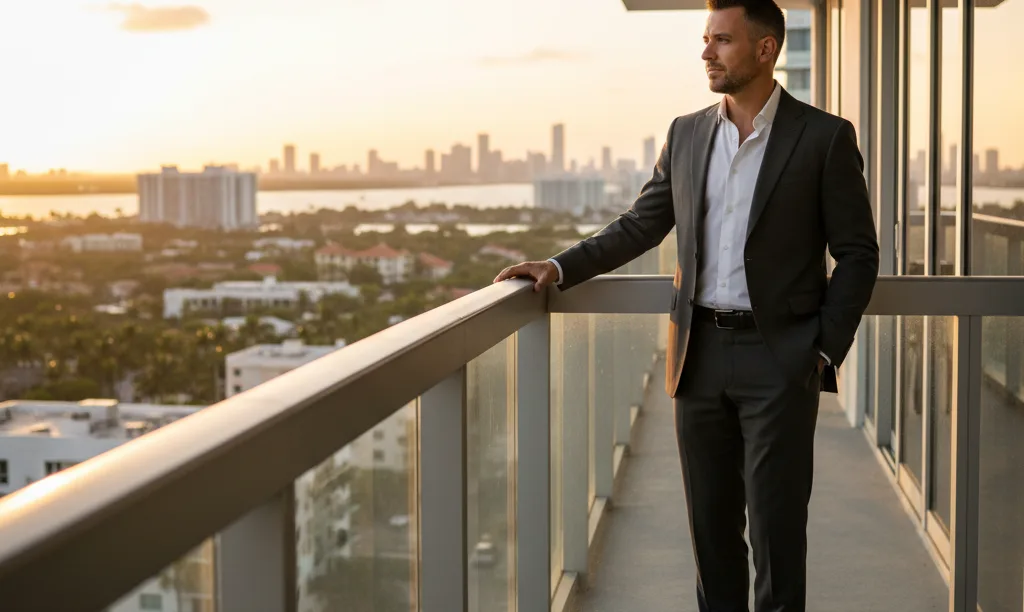 Investor contemplating Miami skyline from condo balcony.