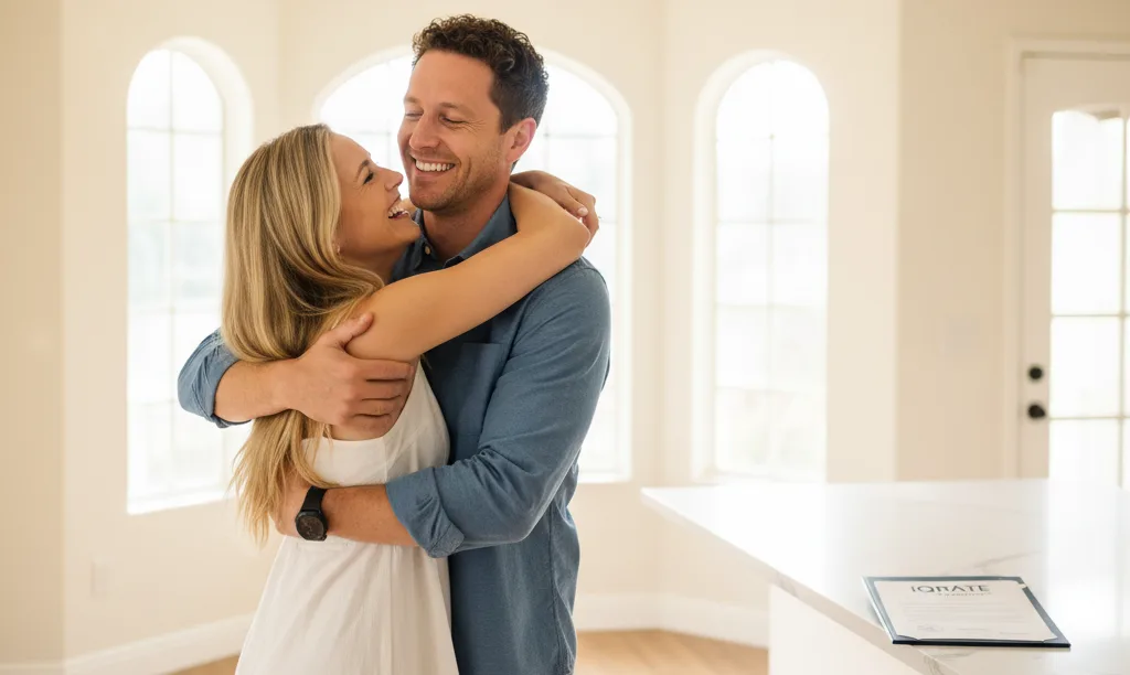 Joyful couple celebrating in their new California home.