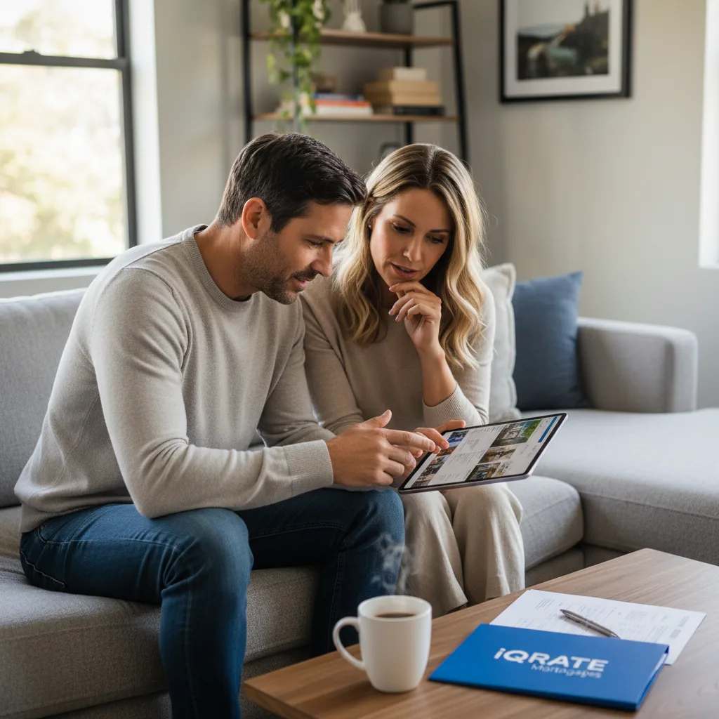 Homebuyers reviewing mortgage pre-approval documents with confidence.