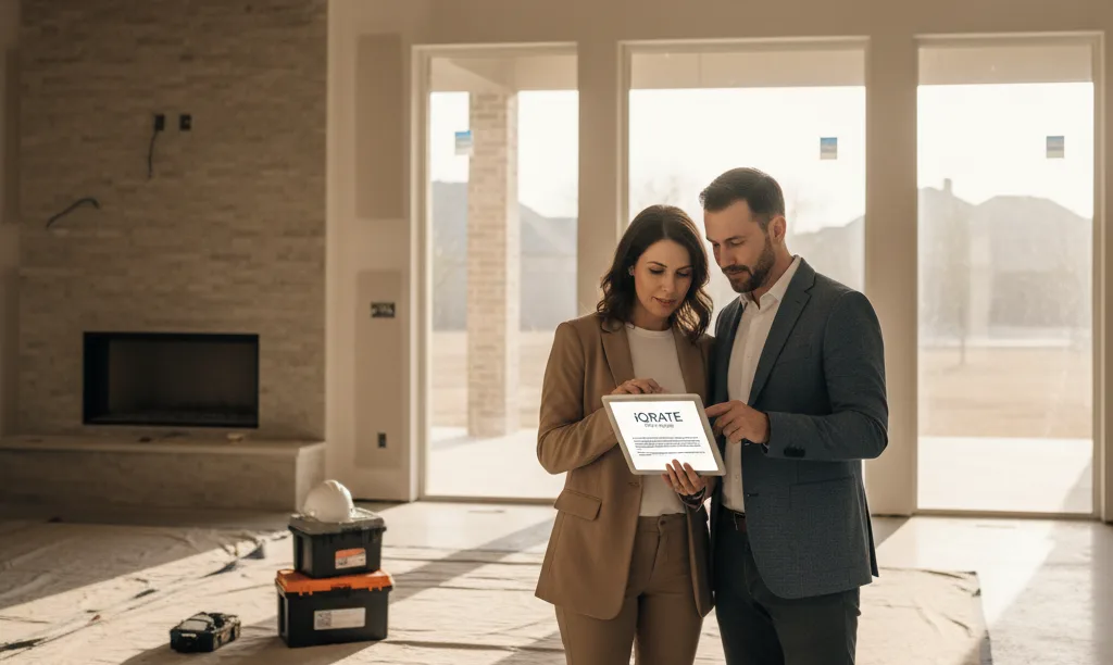 Couple reviewing jumbo loan documents in new home.