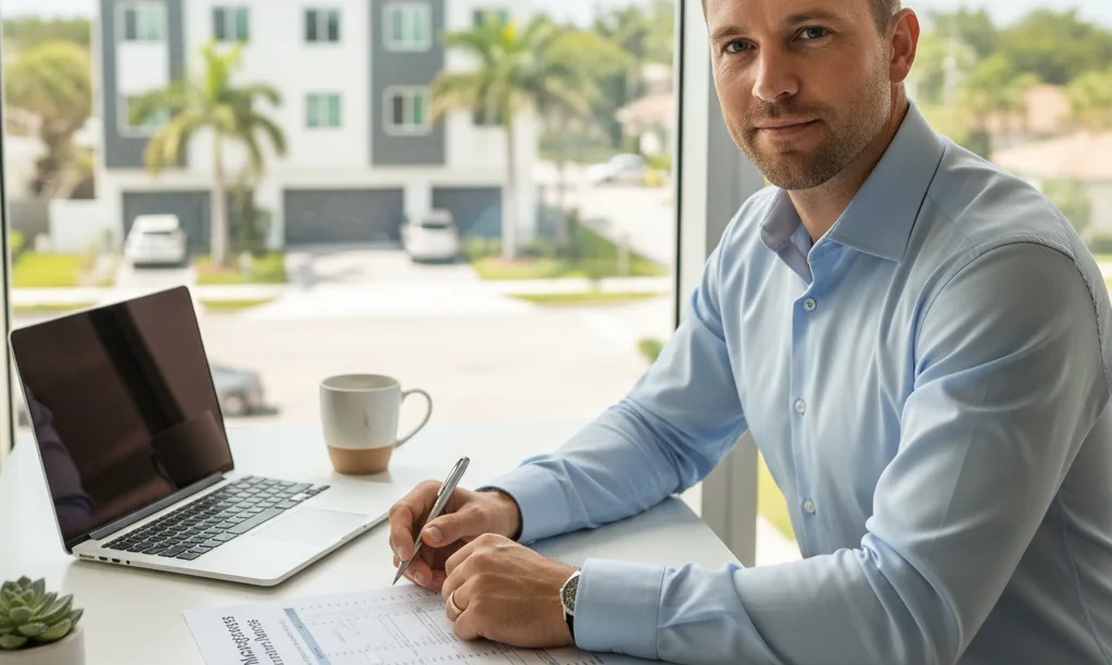 Investor reviews iQRATE Mortgages document in Miami.