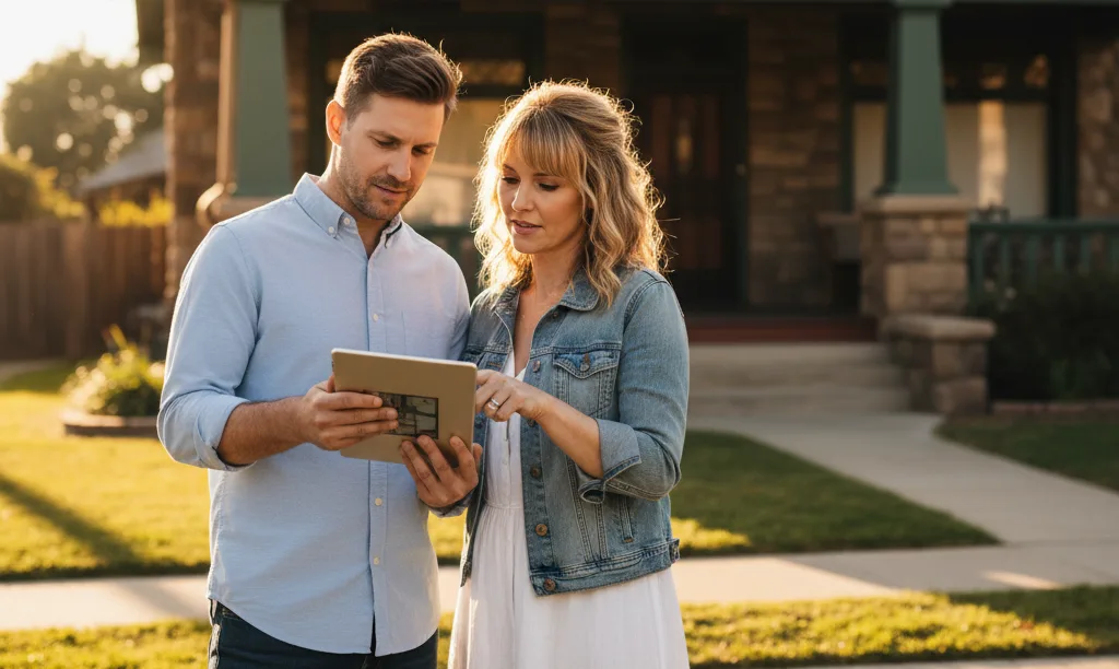Couple discussing options in front of older California home.