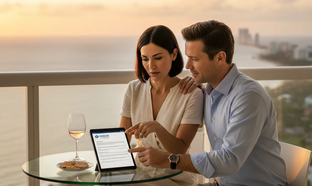 Couple discussing finances on a luxury condo balcony.