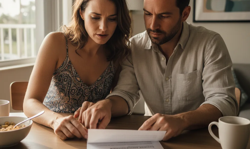 Concerned couple reviewing a confusing mortgage letter.
