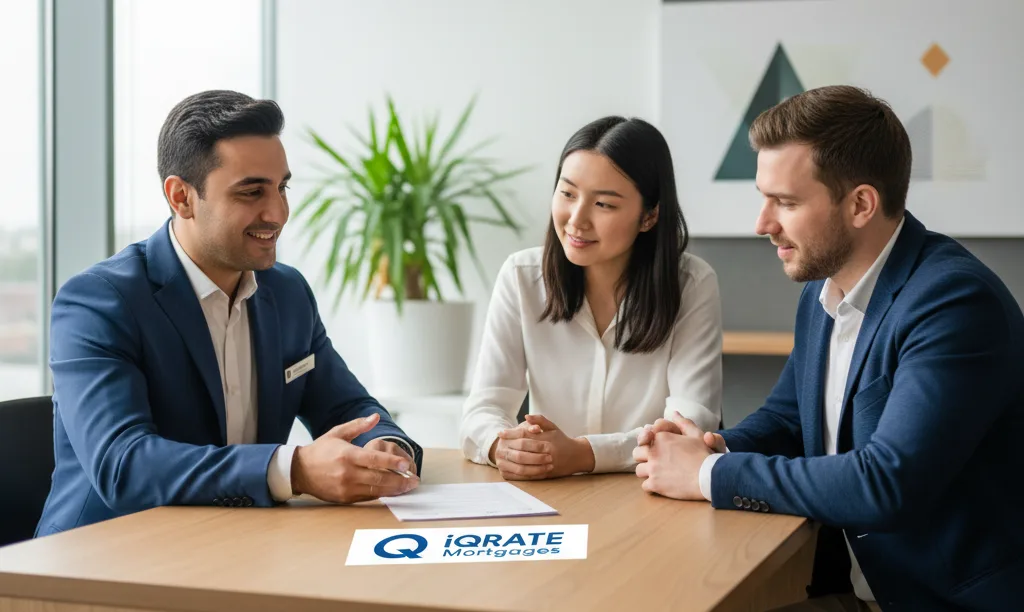 Loan officer discussing mortgage with happy couple.