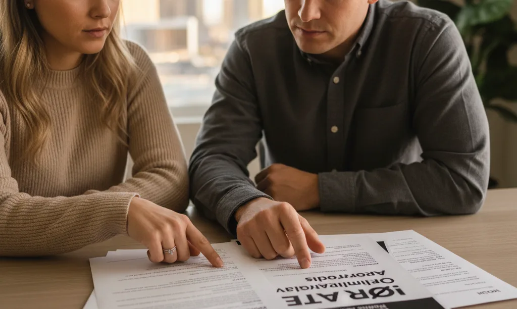 Couple carefully reviewing condo HOA documents from iQRATE Mortgages.