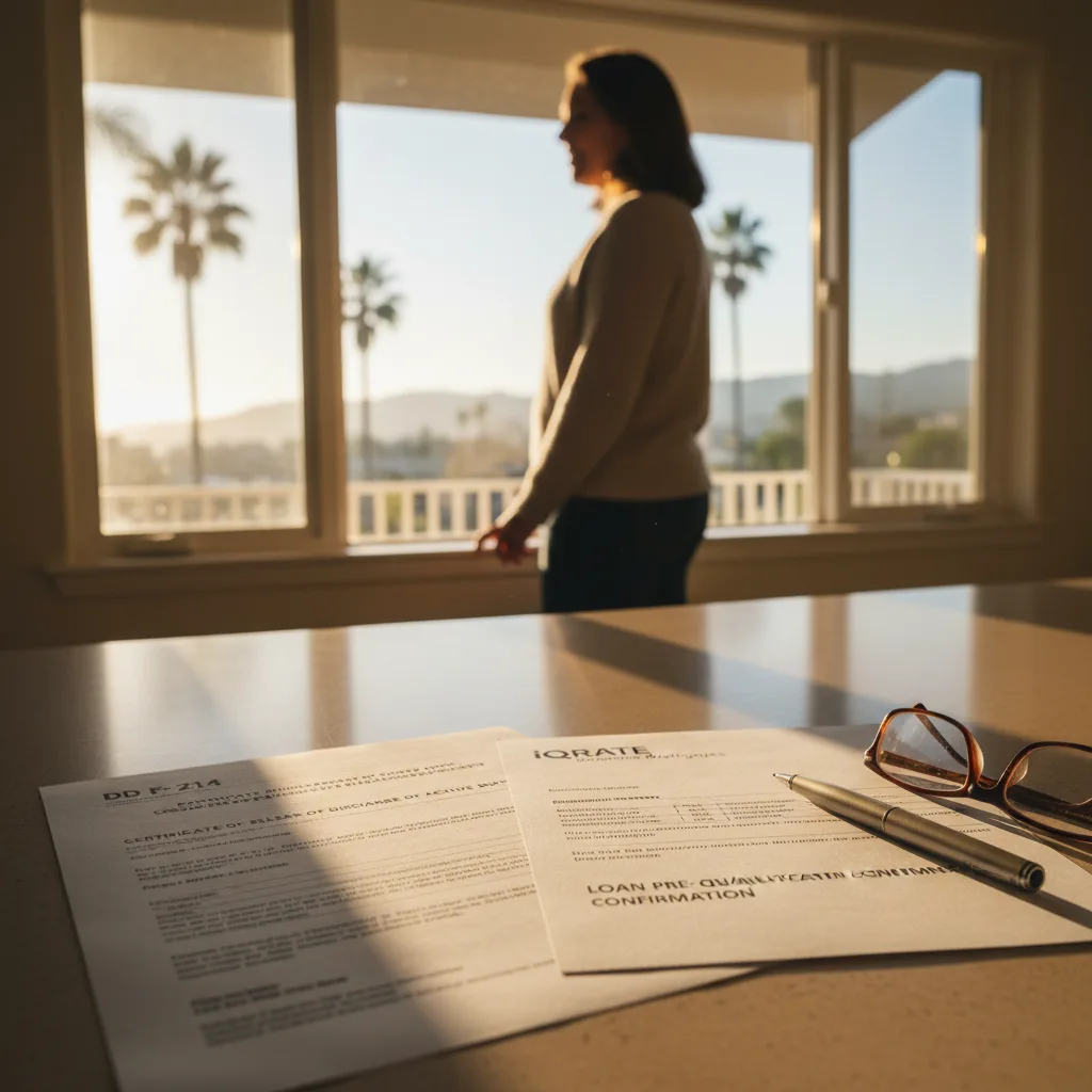 Veteran reviewing financial documents for a VA loan application.