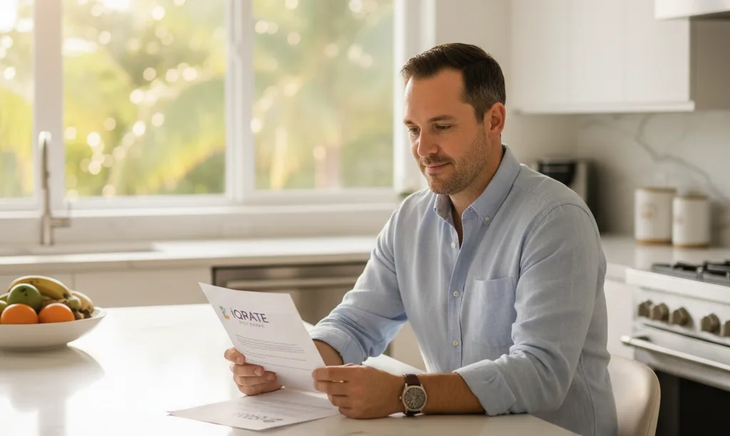 Man in a sunny Florida kitchen reviewing iQRATE Mortgages letter.