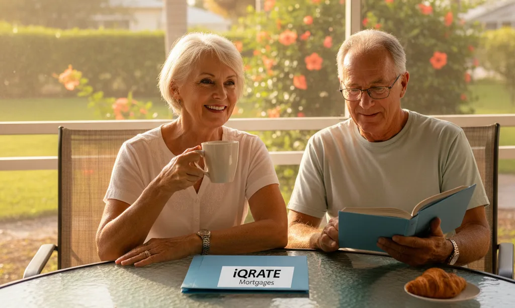 Senior couple relaxing on their new Florida lanai.
