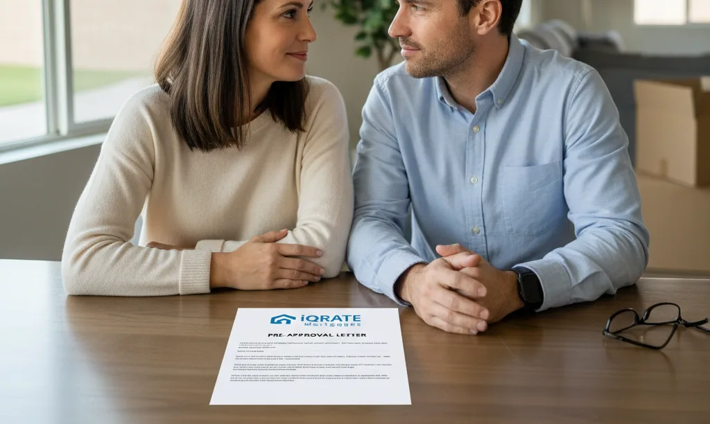 Hopeful couple reviewing iQRATE Mortgages document at home.