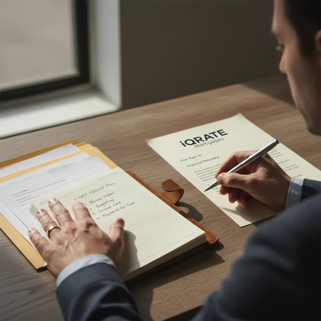 A person reviewing their credit report and financial documents to rebuild credit.
