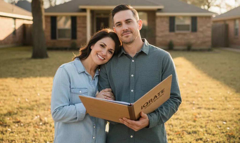 Hopeful couple looks at Texas home with iQRATE Mortgages folder.