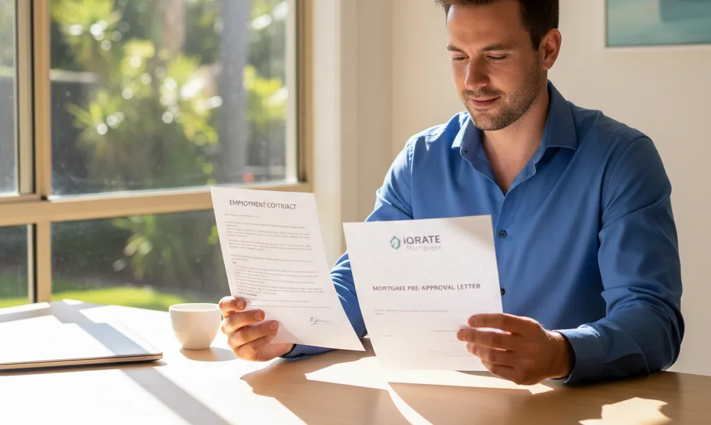 Professional reviewing mortgage documents in sunny Florida home.