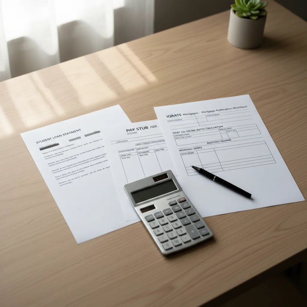 Calculator and documents representing mortgage calculations for student loans.
