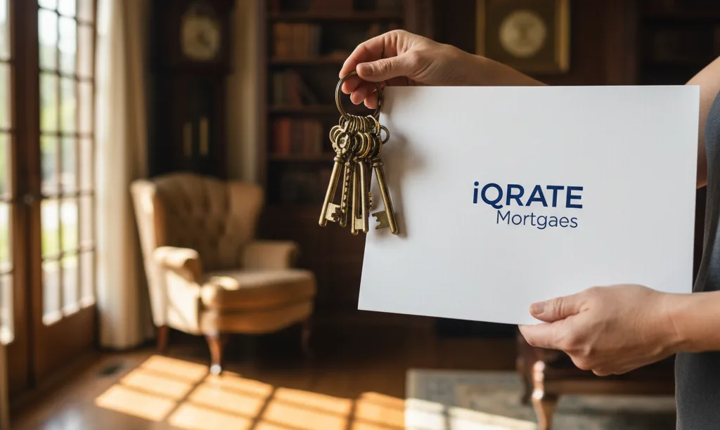 Hands holding old keys and iQRATE Mortgages folder.