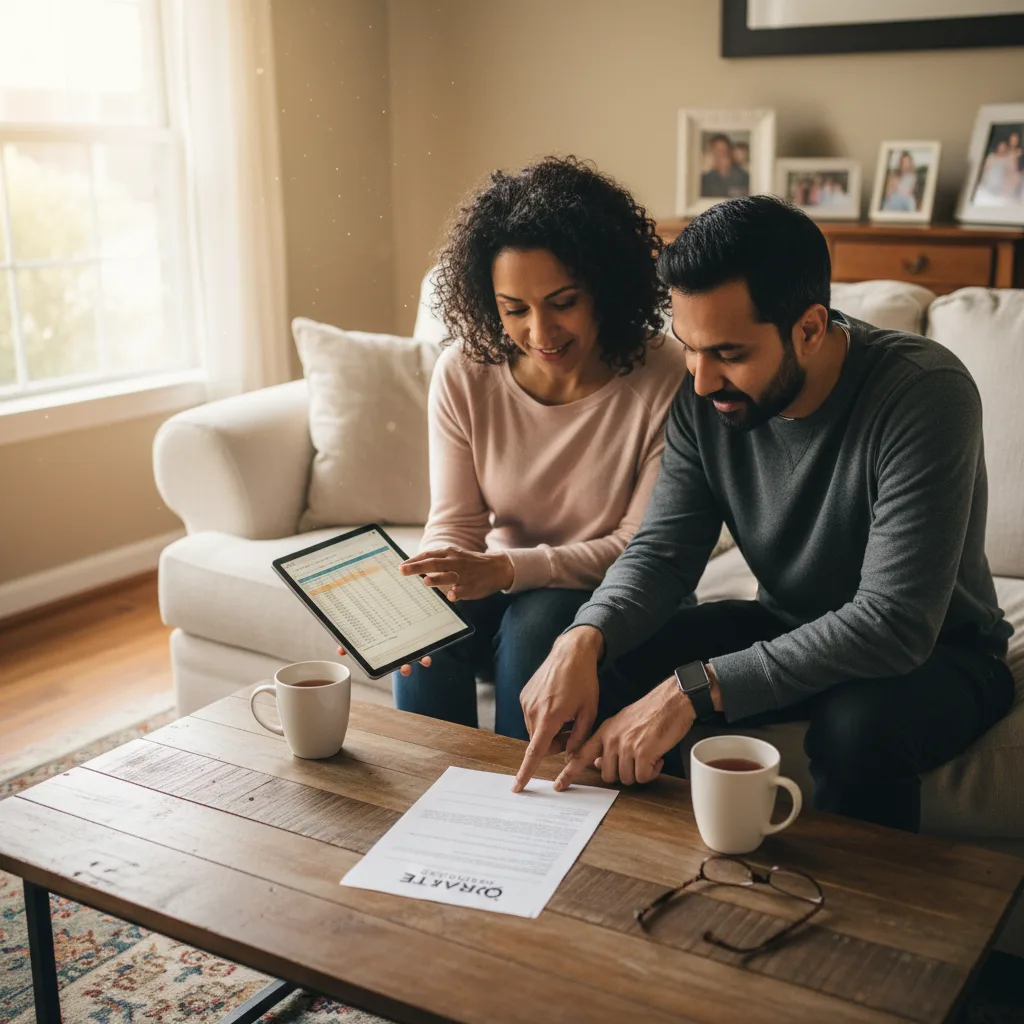 A person reviewing mortgage documents at a desk.