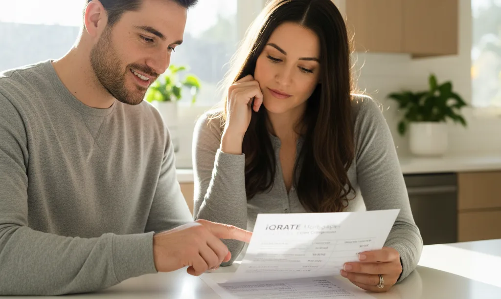 Couple comparing iQRATE Mortgages loan options at table.