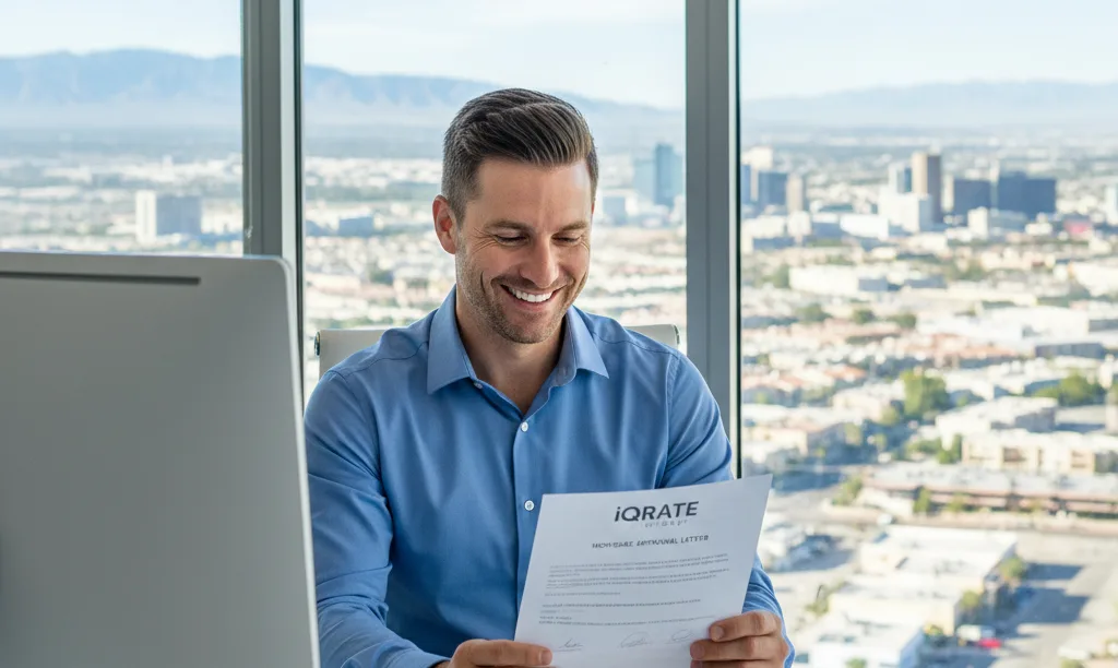 Business owner smiling at iQRATE Mortgages approval letter.