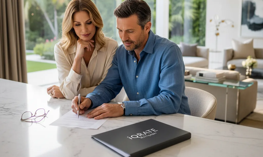 Confident couple reviews trust documents with iQRATE Mortgages.