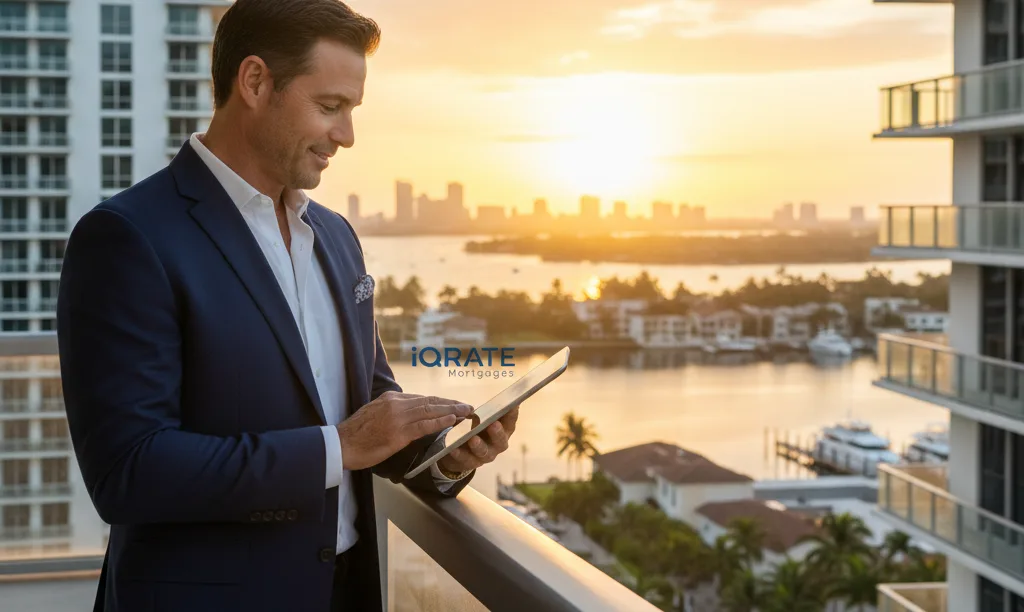 Investor with iQRATE Mortgages document on Miami balcony.