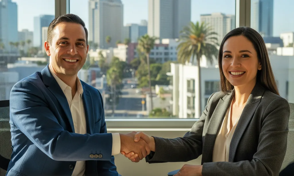 Real estate agent and mortgage partner handshake.
