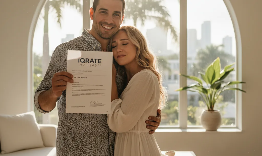 Happy couple reviews iQRATE Mortgages FHA approval.