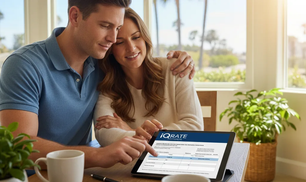 Military couple reviewing iQRATE Mortgages documents together.