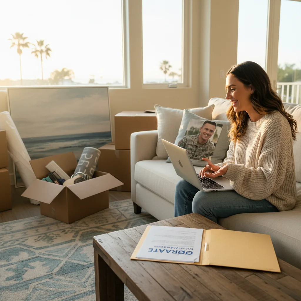 Service member notifying their mortgage lender about PCS orders on a laptop.