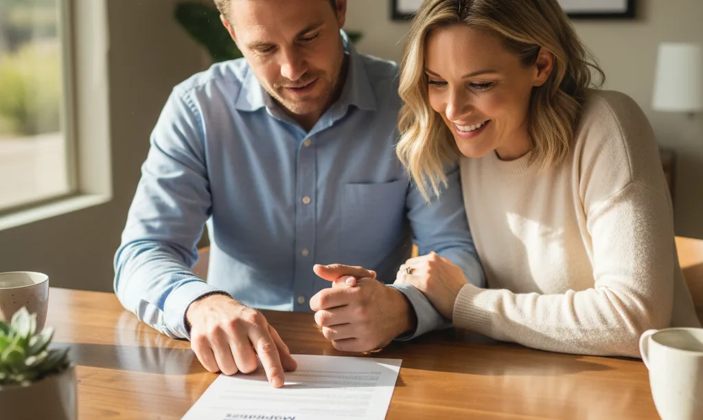 A couple feeling secure reviewing their refinance options in Las Vegas.