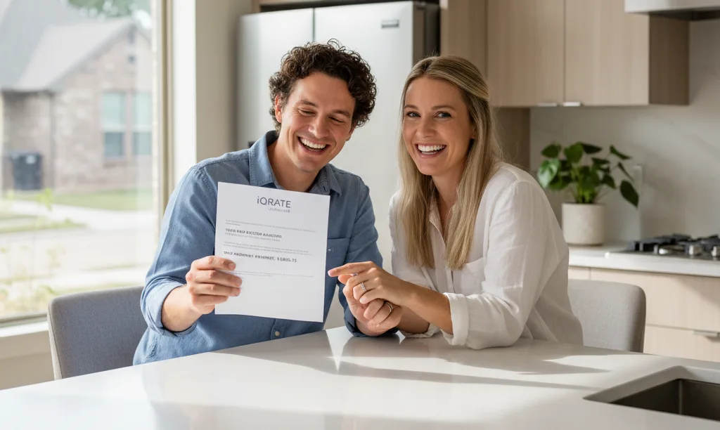 Happy Dallas homeowners review new escrow statement.