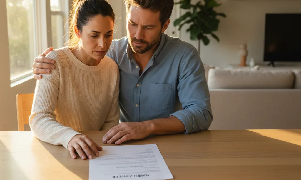 Couple thoughtfully reviewing an iQRATE Mortgages loan denial letter.