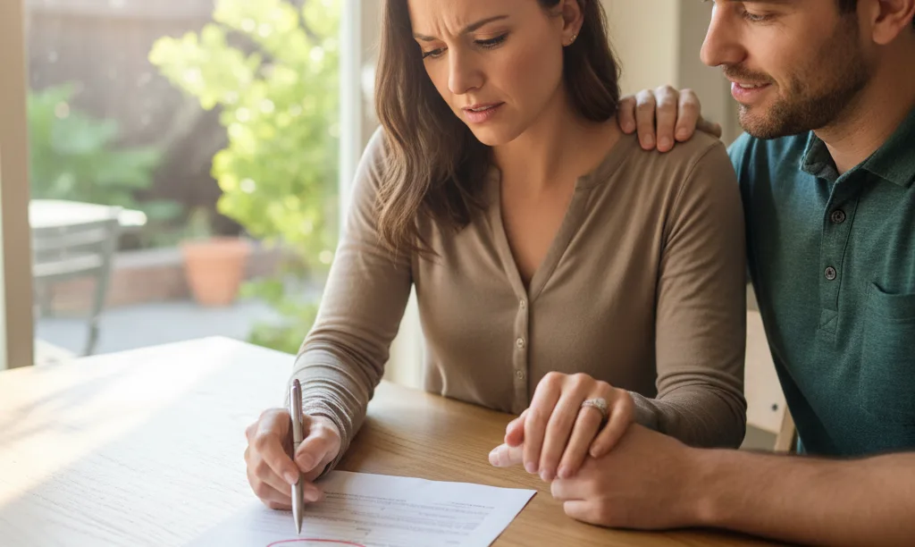 Couple reviewing iQRATE Mortgages paperwork at home.