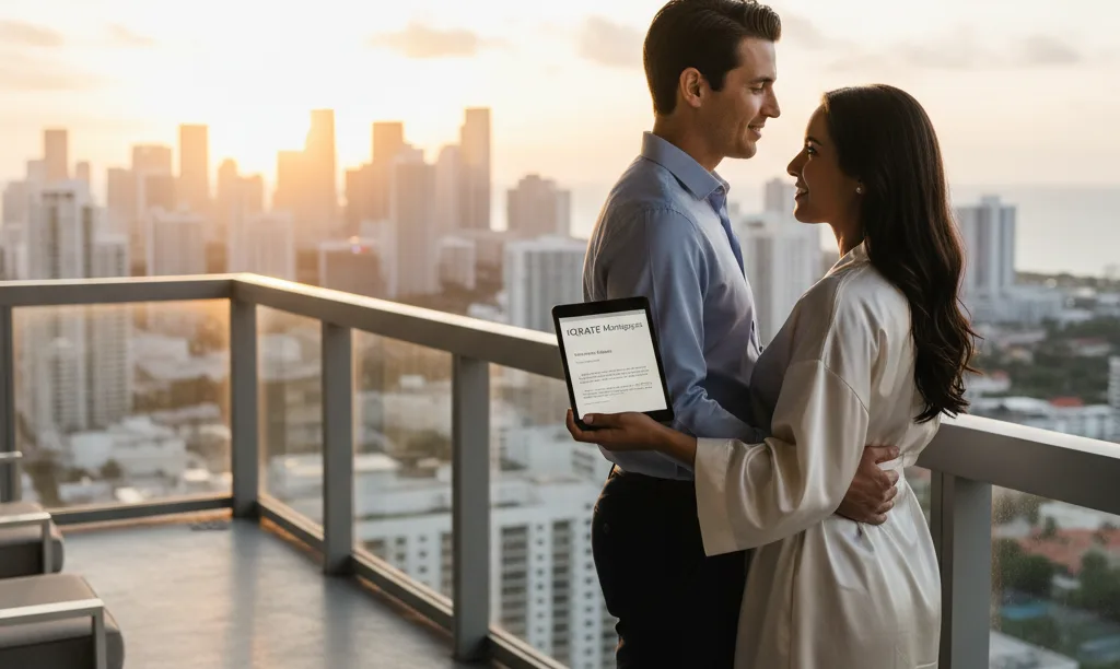 Couple on luxury Miami balcony celebrating their mortgage.
