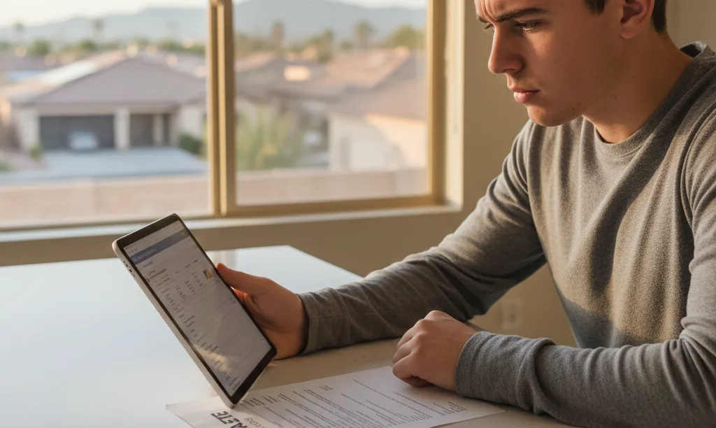 Concerned homebuyer reviewing iQRATE Mortgages credit documents.