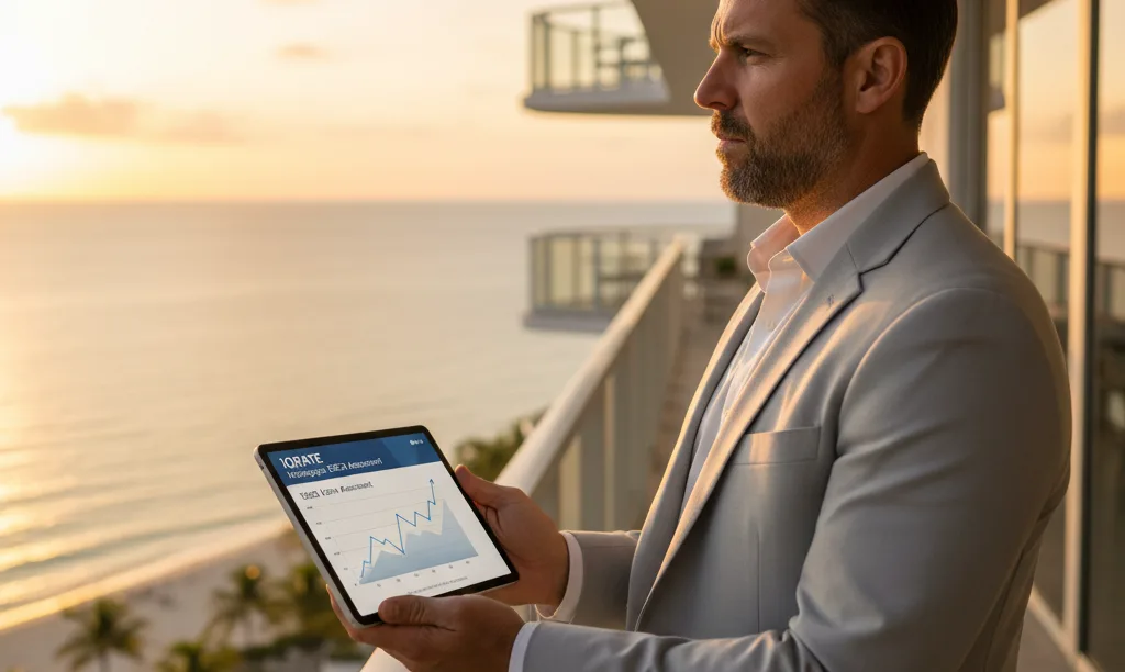 Investor with iQRATE Mortgages plan on Miami balcony.