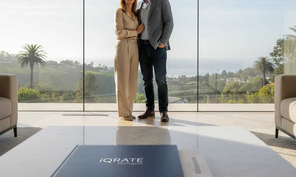 Couple in new California home with iQRATE Mortgages document.