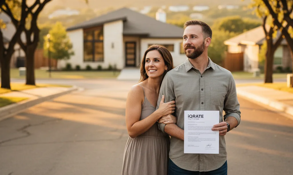 Couple with iQRATE Mortgages letter looking at Texas home.