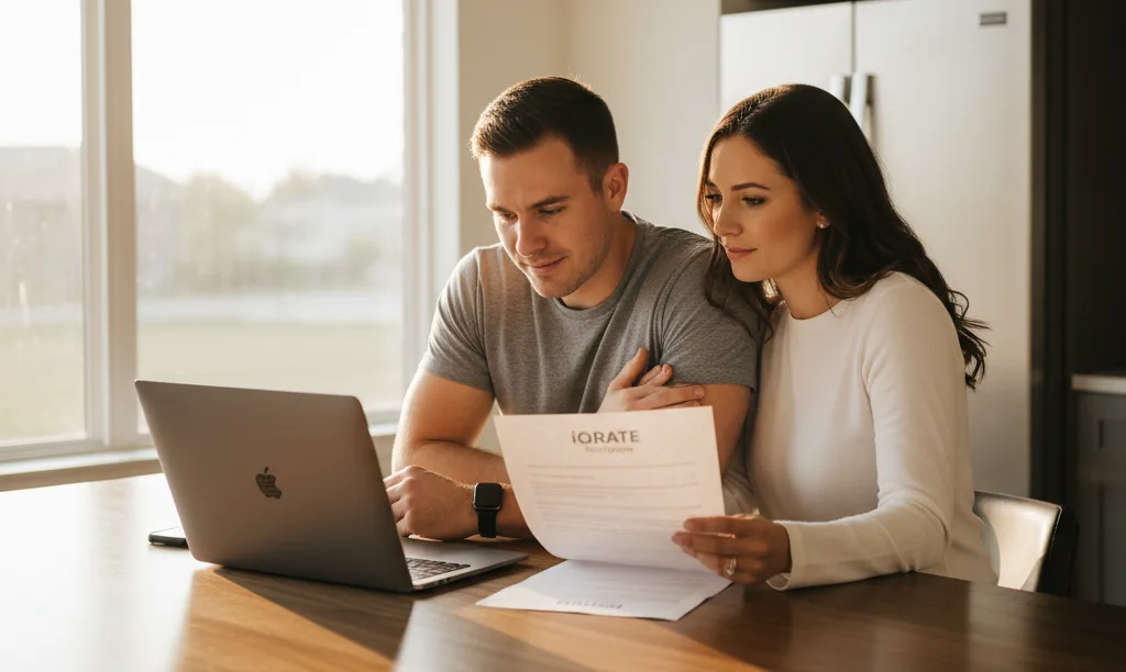 Military couple reviews iQRATE Mortgages documents together.