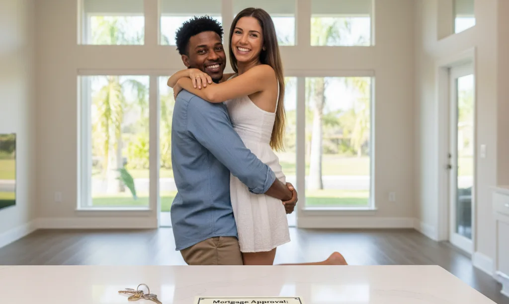 Couple celebrating their Orlando home mortgage approval.