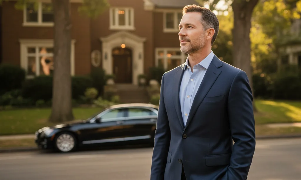 Successful investor on a Sacramento street at sunset.