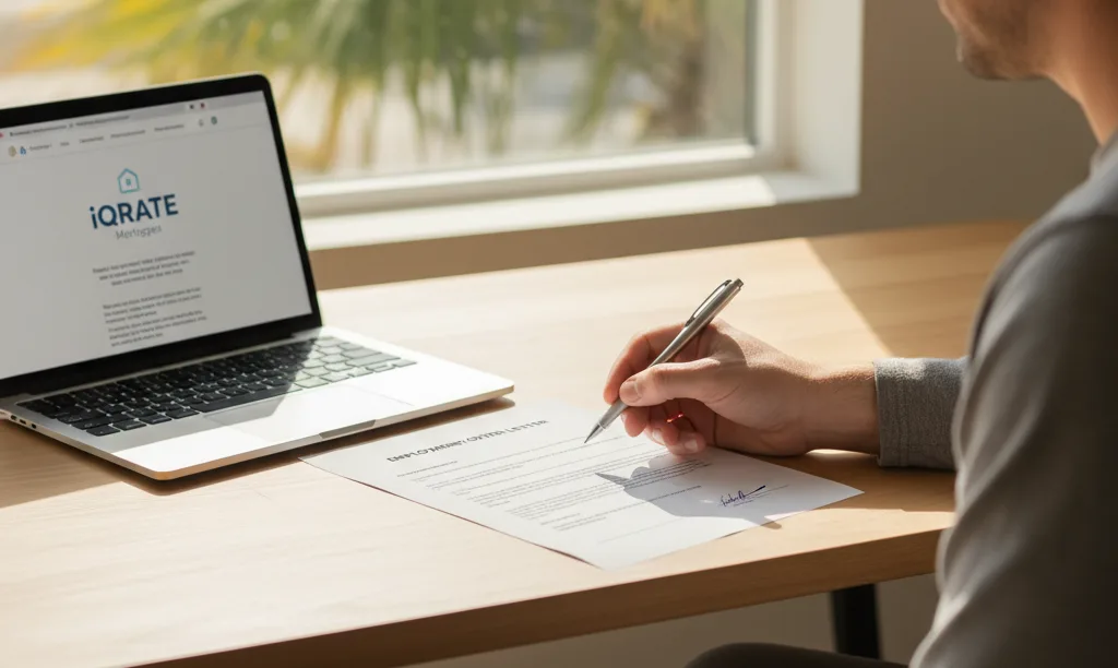 Person signing new job offer beside laptop