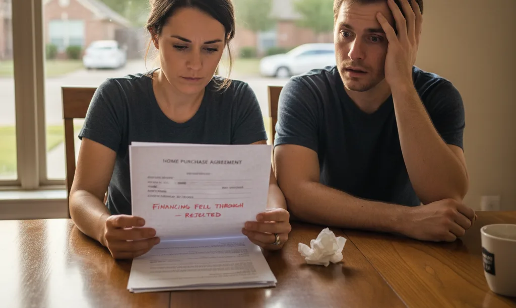 Couple looks concerned while reviewing a rejected home offer.